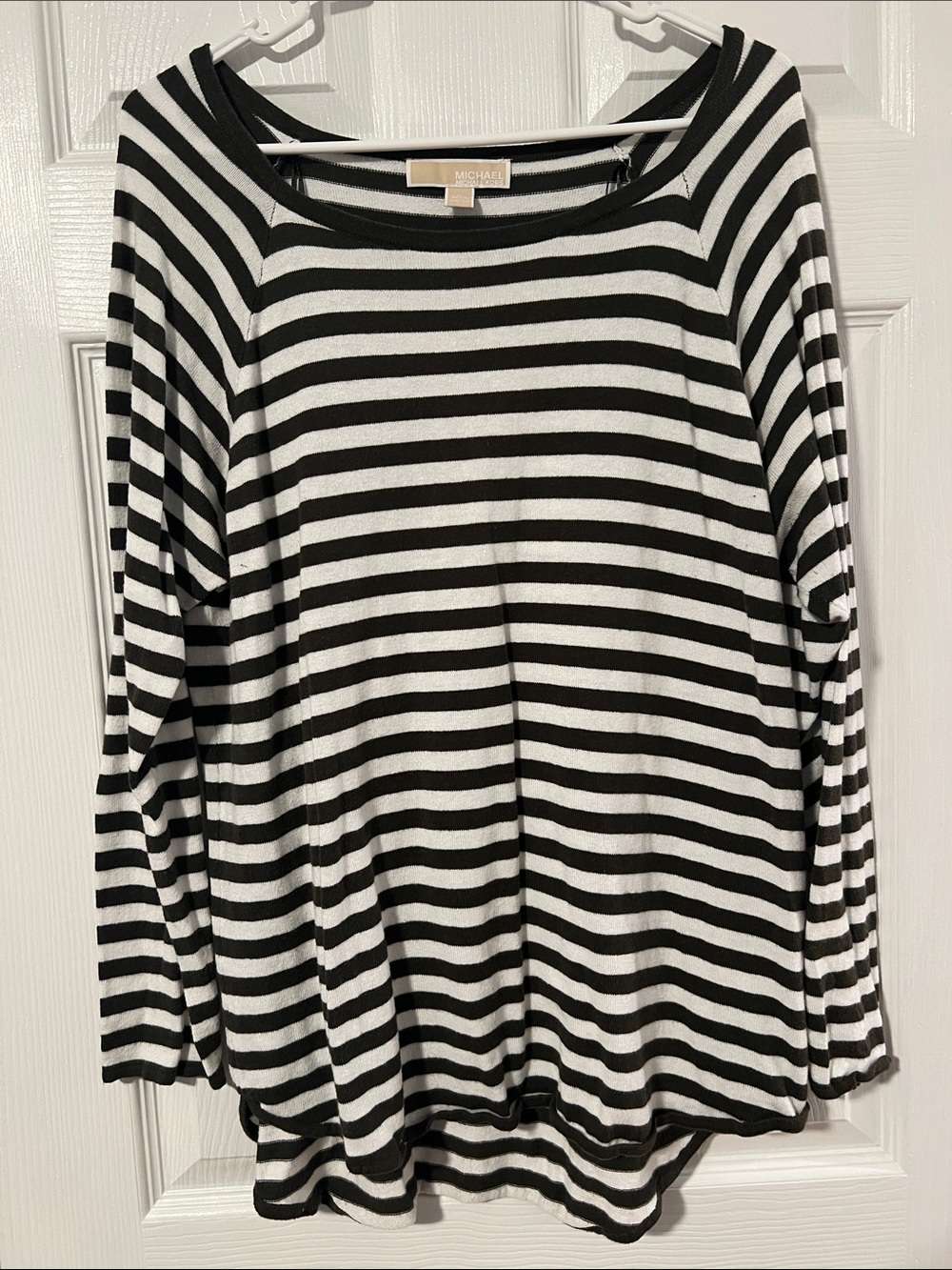 Michael Kors Dark Green & White Striped Long Sleeve Boatneck Top